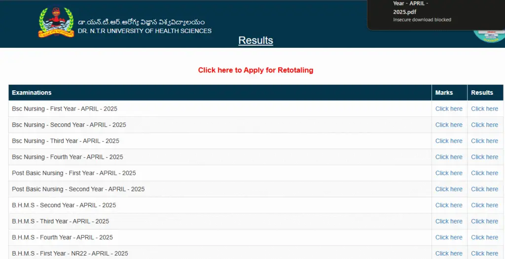 NTR University Bsc Nursing Result 2025