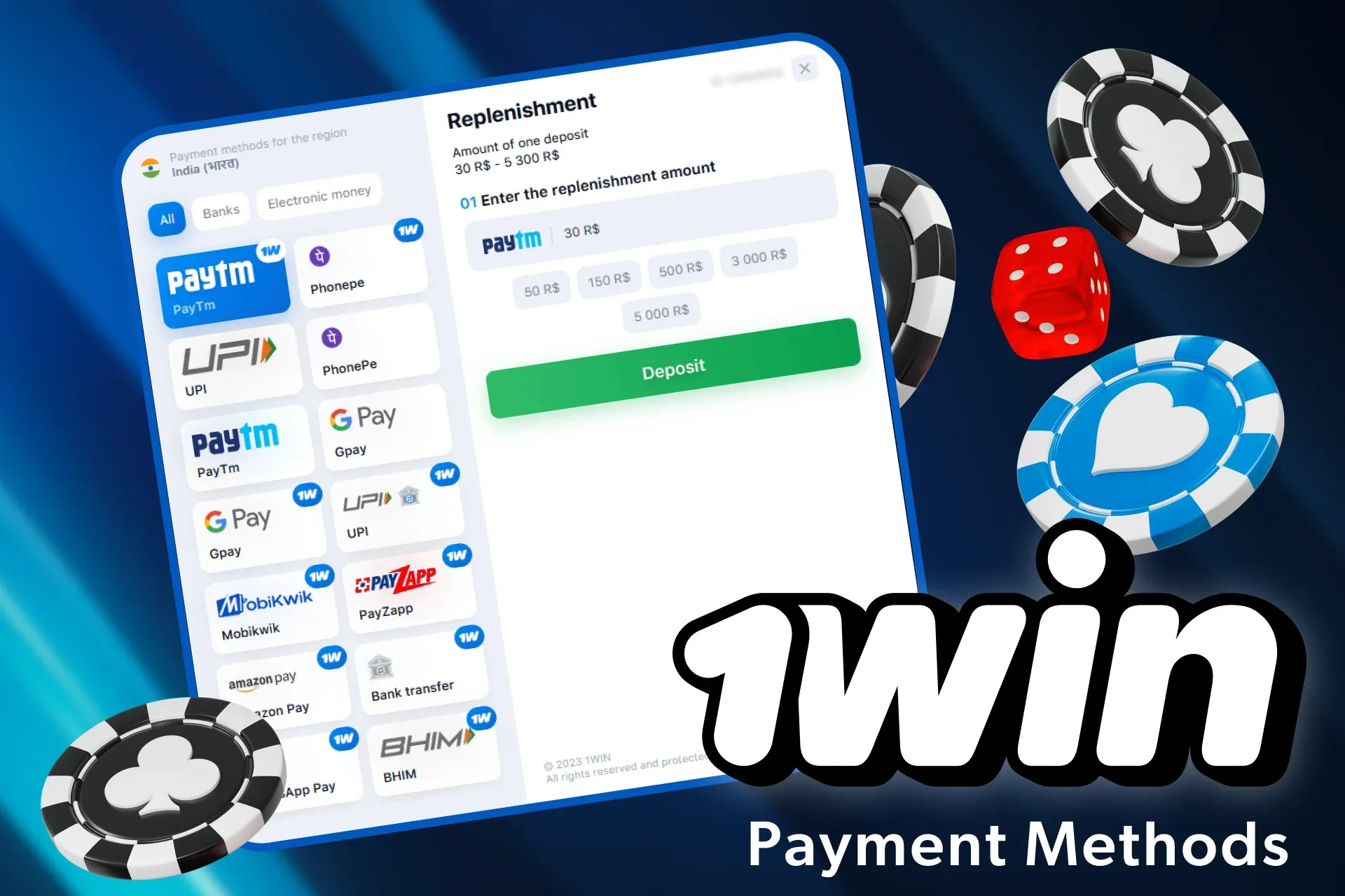 There are various payment methods to deposit 1win and play Lucky Jet for real money.